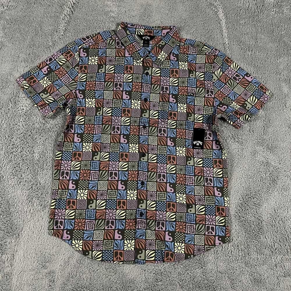 Billabong Mens Button Down Shirt Large Short SleeePeace Yin Yang Retro 90s Skate